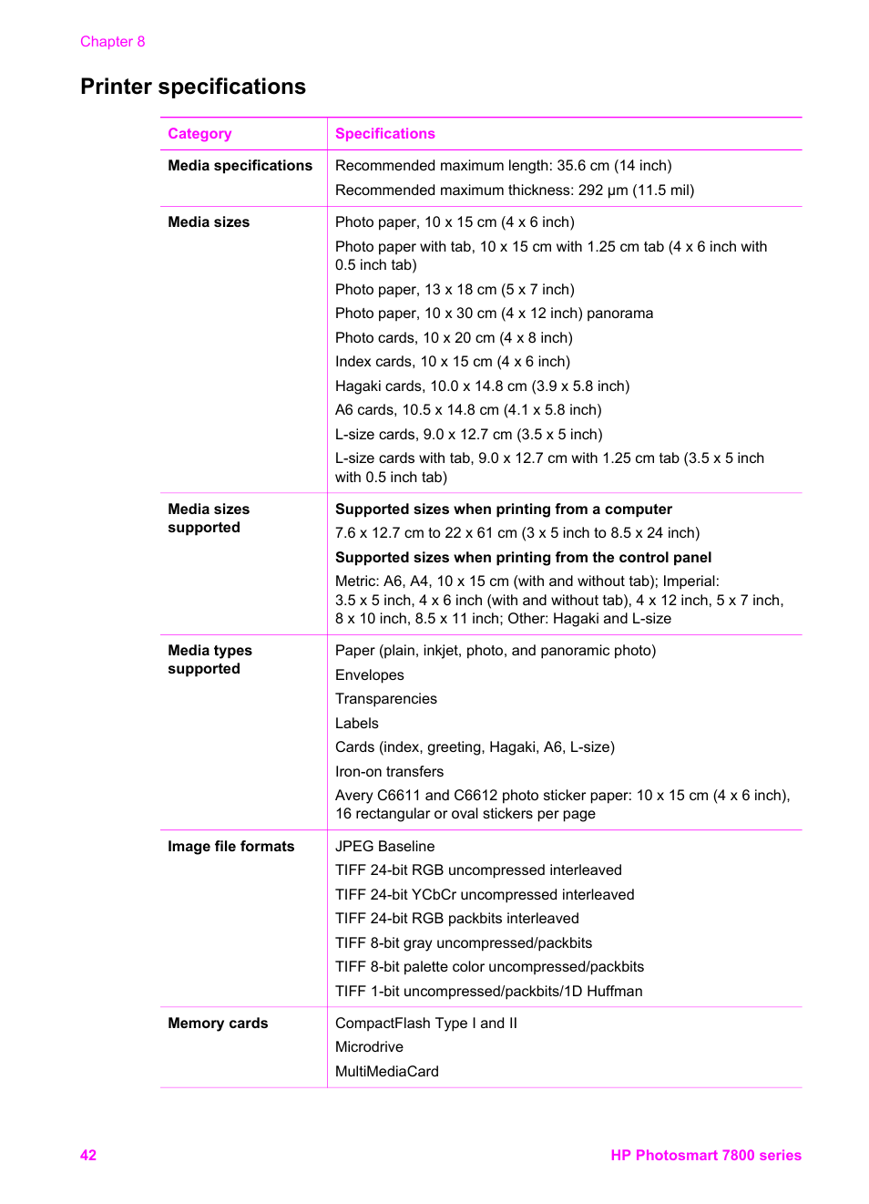 Printer specifications | HP 7800 User Manual | Page 45 / 52