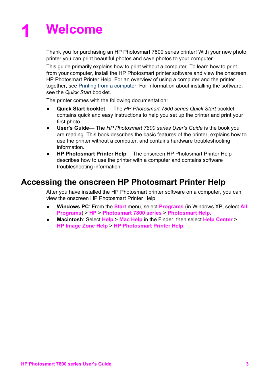 Welcome, Accessing the onscreen hp photosmart printer help | HP 7800 User Manual | Page 6 / 52