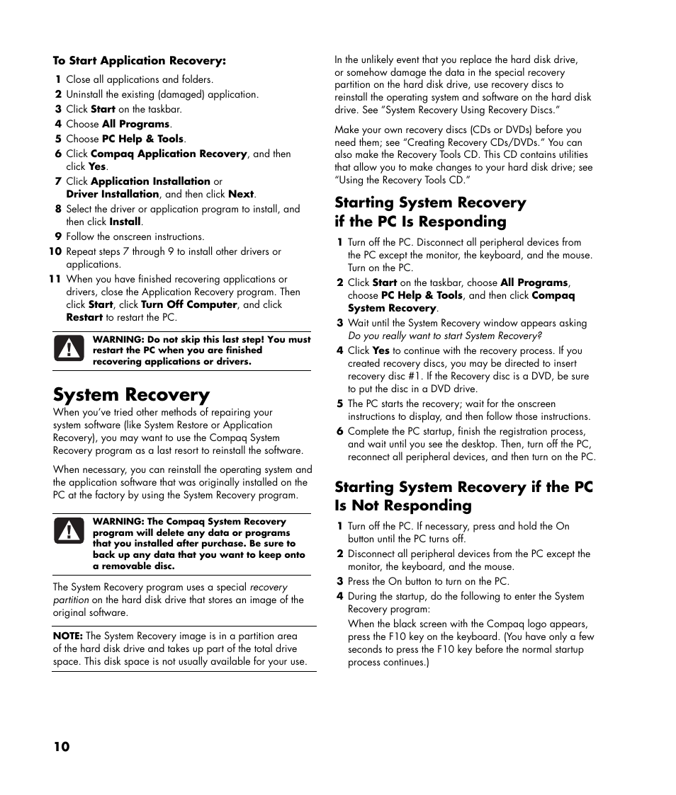 System recovery, Starting system recovery if the pc is responding | HP Compaq User Manual | Page 10 / 22