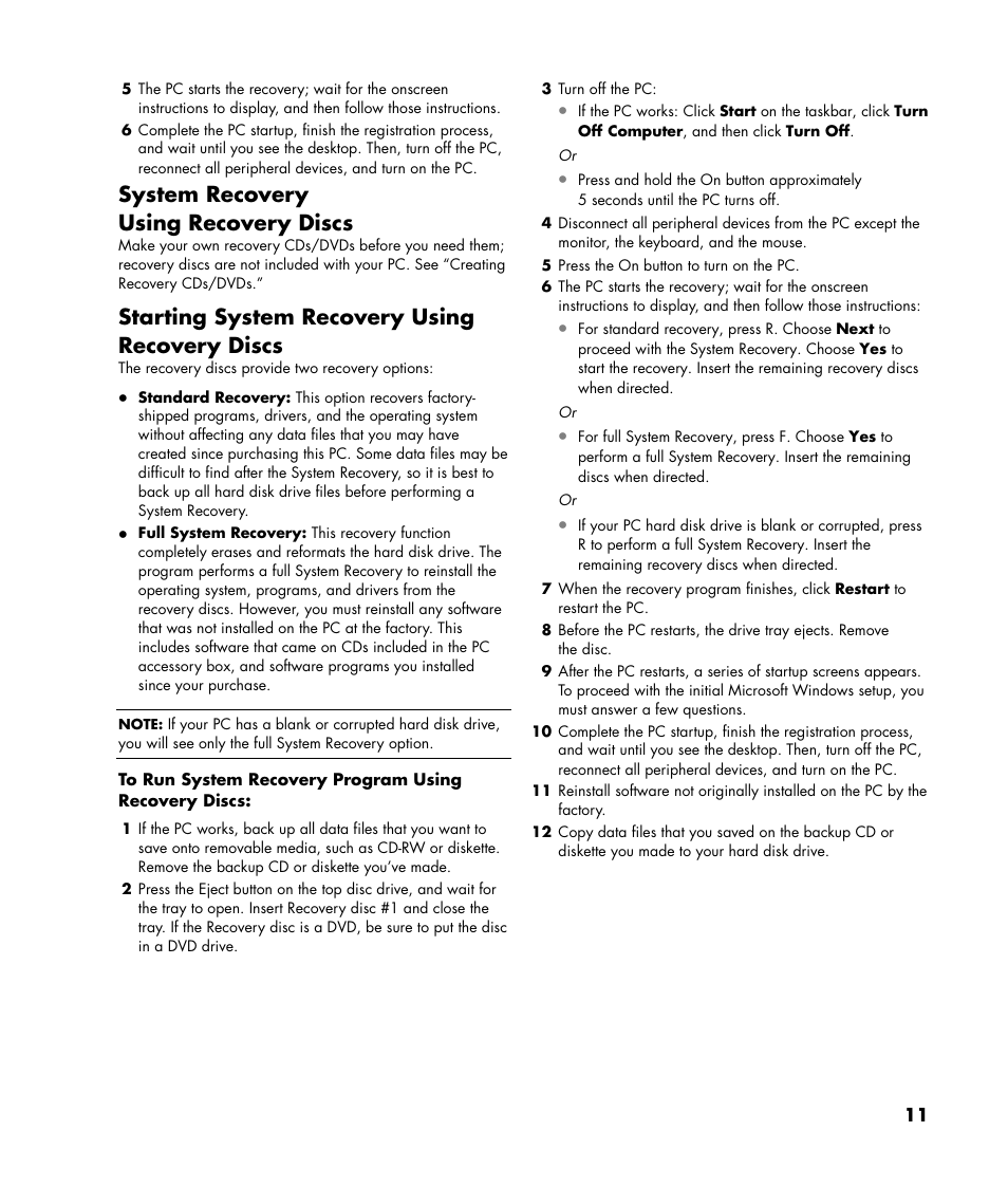 System recovery using recovery discs, Starting system recovery using recovery discs | HP Compaq User Manual | Page 11 / 22
