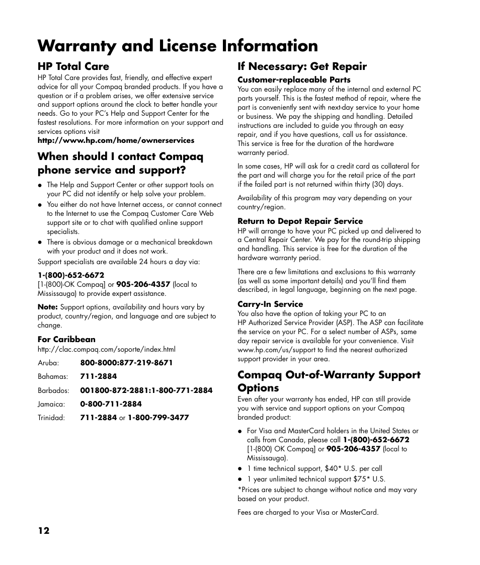 Warranty and license information, Hp total care, If necessary: get repair | Compaq out-of-warranty support options | HP Compaq User Manual | Page 12 / 22