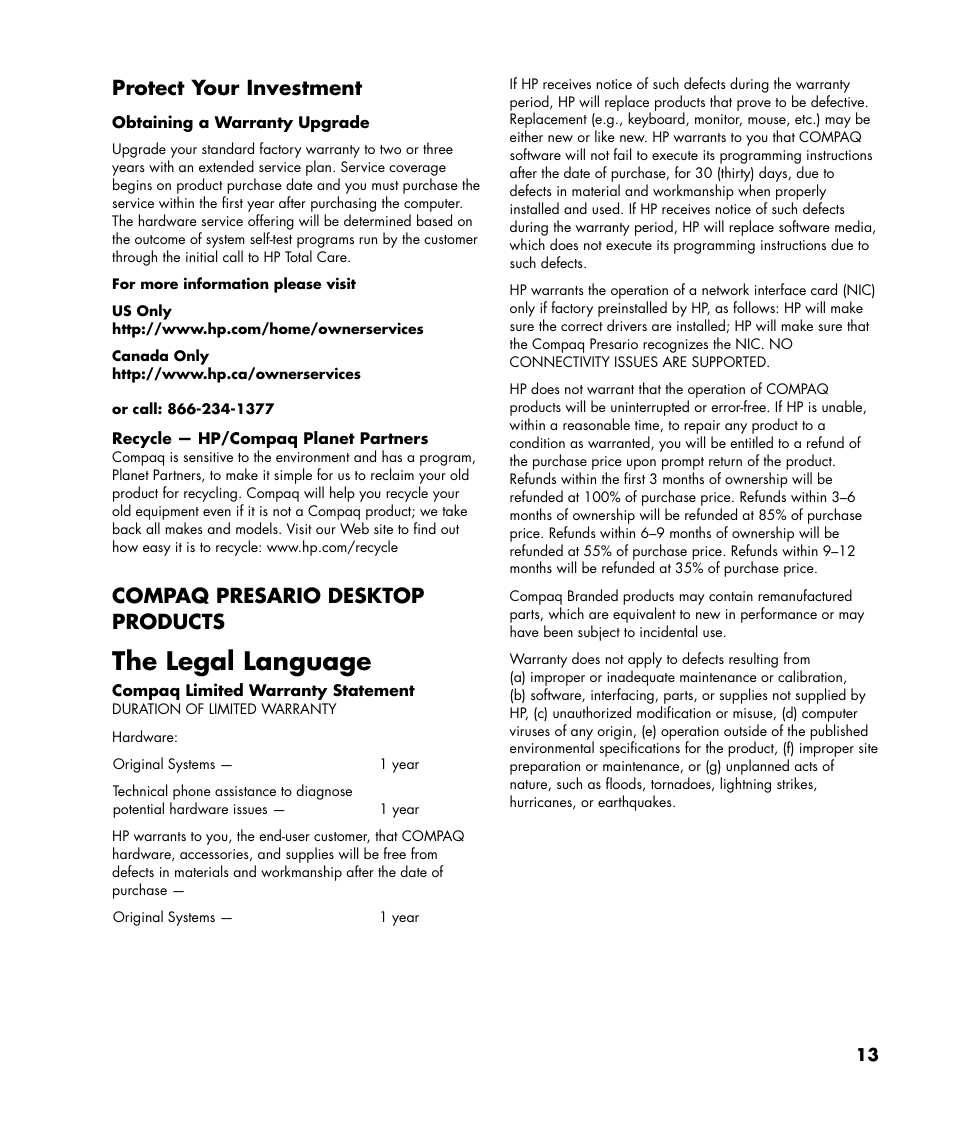 The legal language, Protect your investment, Compaq presario desktop products | HP Compaq User Manual | Page 13 / 22