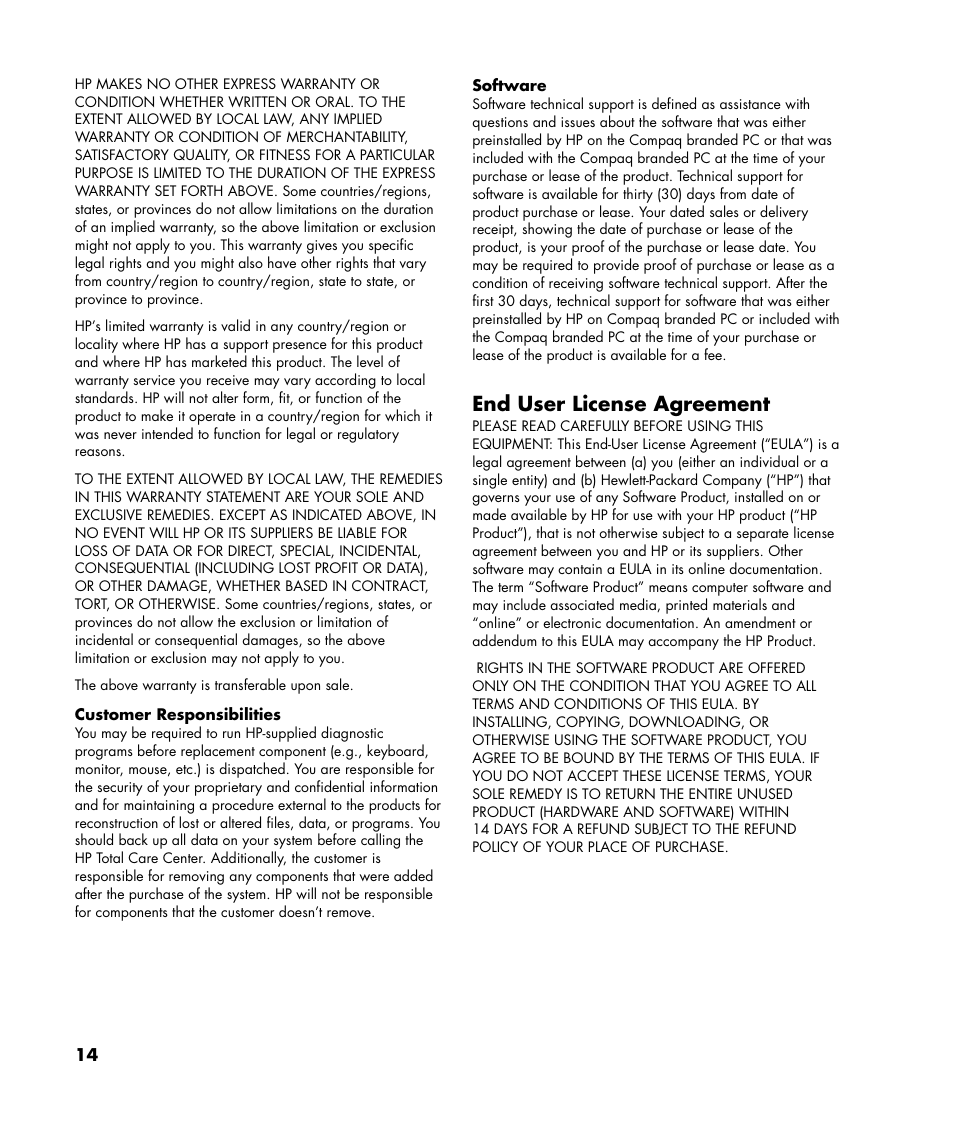 End user license agreement | HP Compaq User Manual | Page 14 / 22