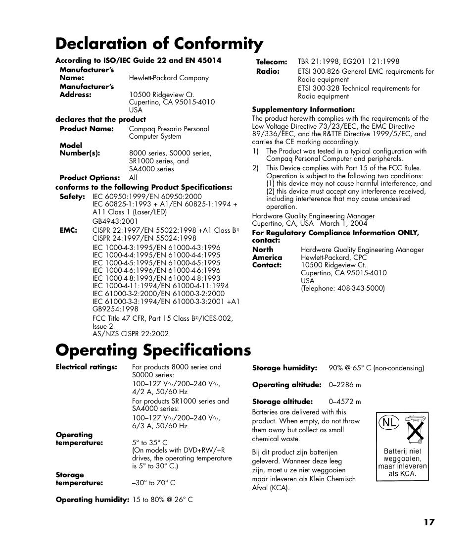 Declaration of conformity, Operating specifications | HP Compaq User Manual | Page 17 / 22