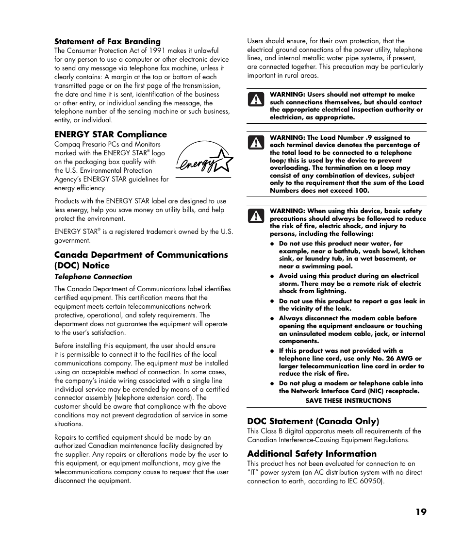 Energy star compliance, Canada department of communications (doc) notice, Doc statement (canada only) | Additional safety information | HP Compaq User Manual | Page 19 / 22