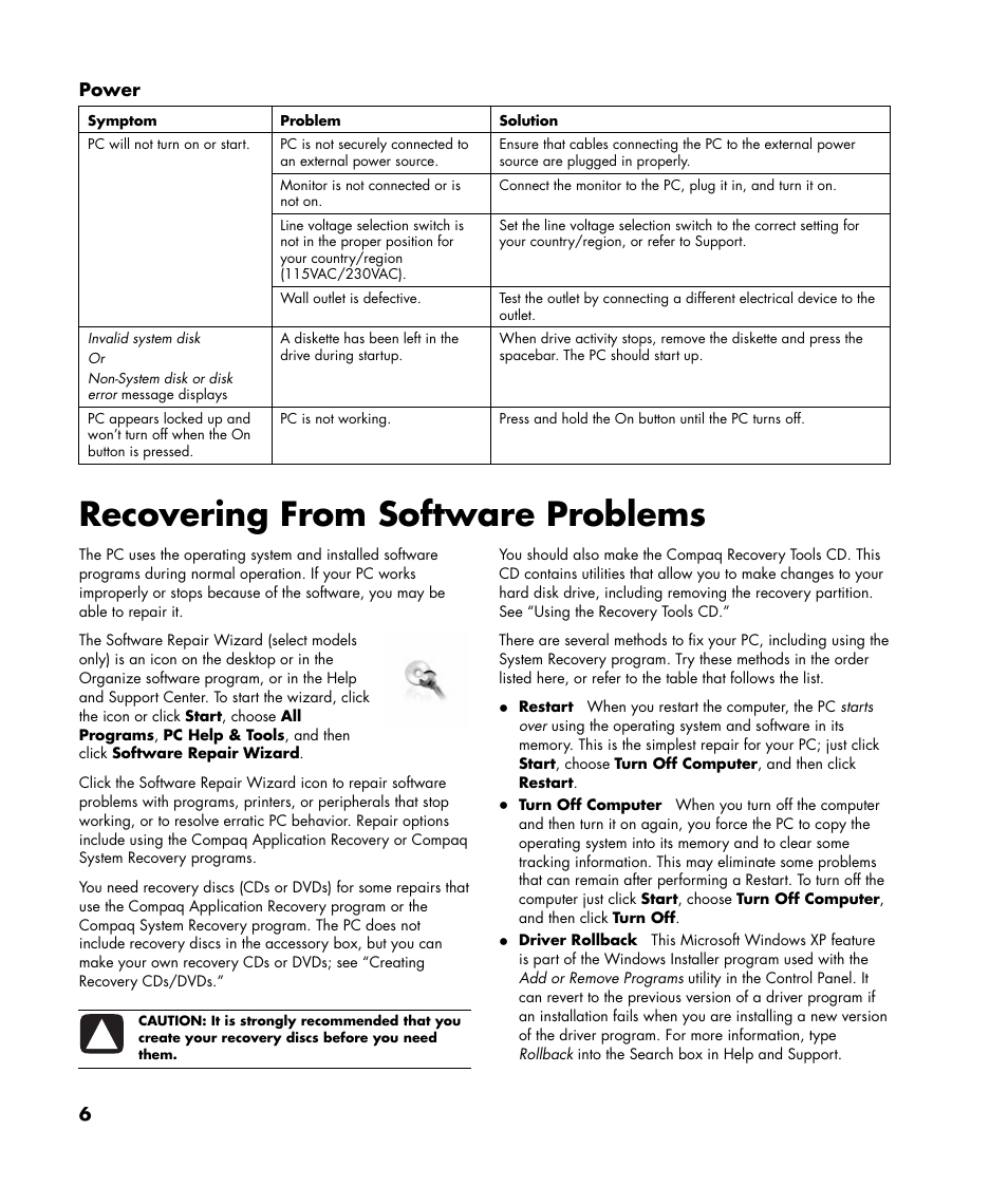 Recovering from software problems | HP Compaq User Manual | Page 6 / 22