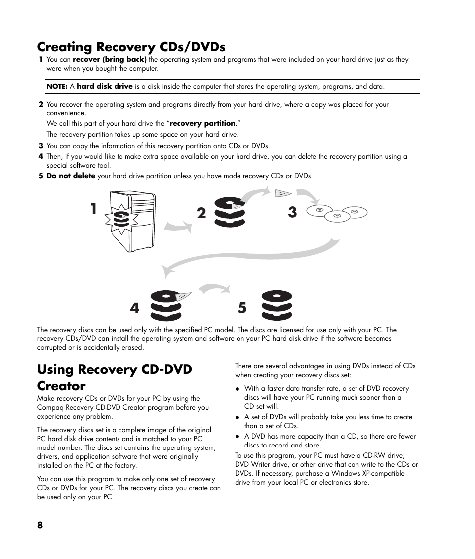 Creating recovery cds/dvds, Using recovery cd-dvd creator | HP Compaq User Manual | Page 8 / 22