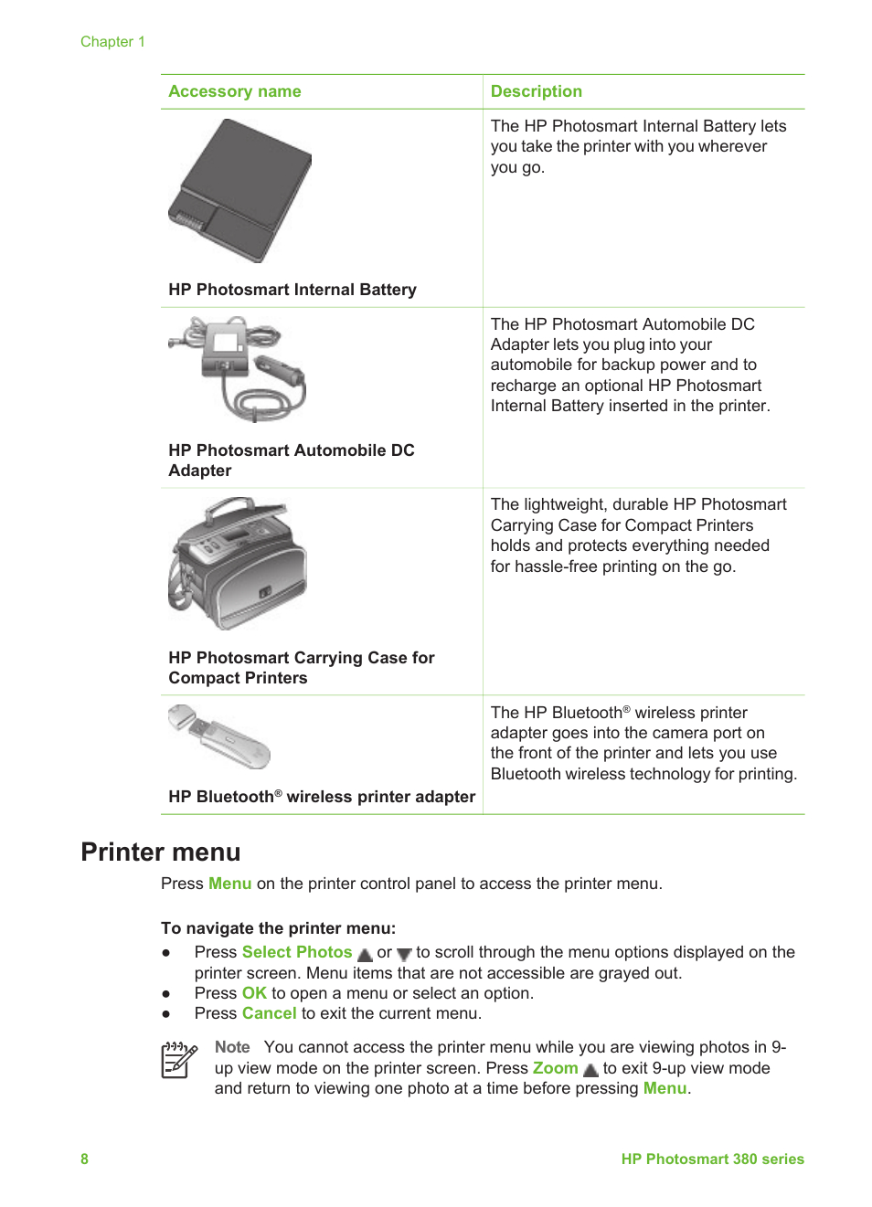 Printer menu | HP 380 User Manual | Page 13 / 39