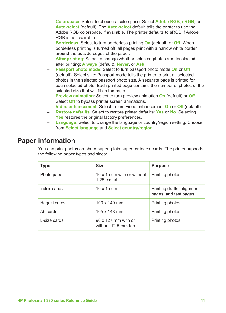 Paper information | HP 380 User Manual | Page 16 / 39