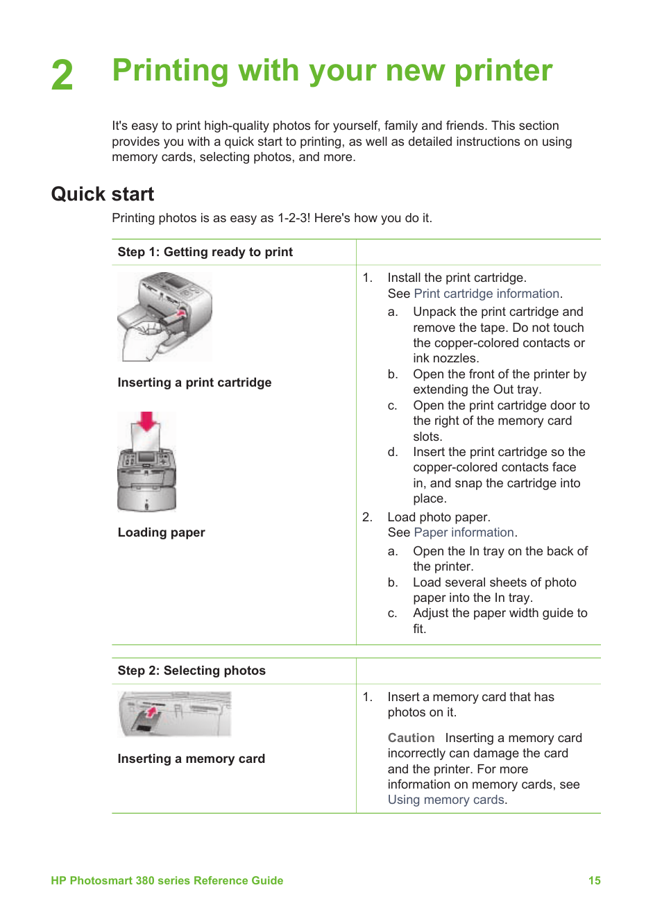 Printing with your new printer, Quick start | HP 380 User Manual | Page 20 / 39