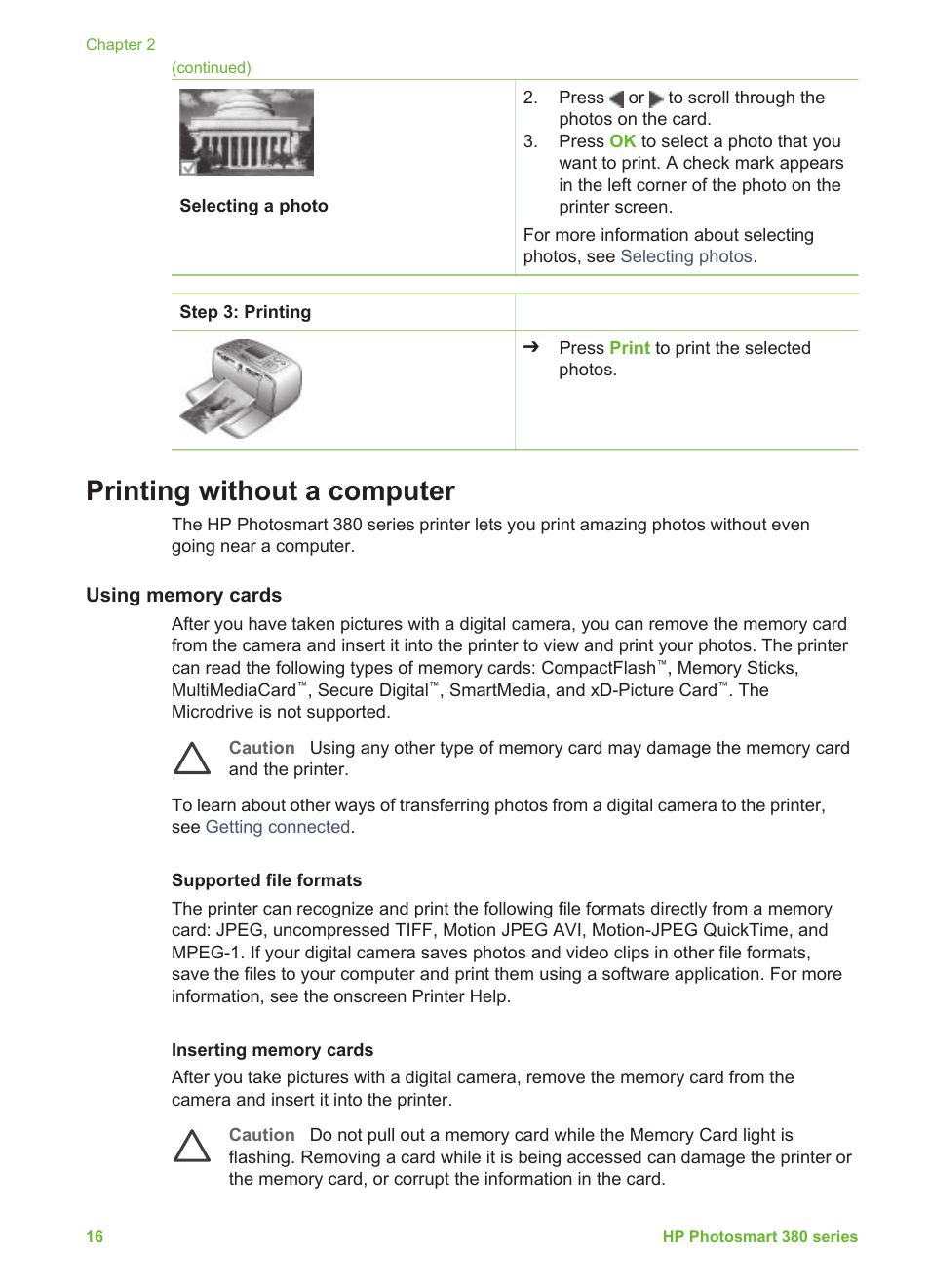 Printing without a computer, Using memory cards, Supported file formats | Inserting memory cards, Supported file formats inserting memory cards, Selecting photos | HP 380 User Manual | Page 21 / 39