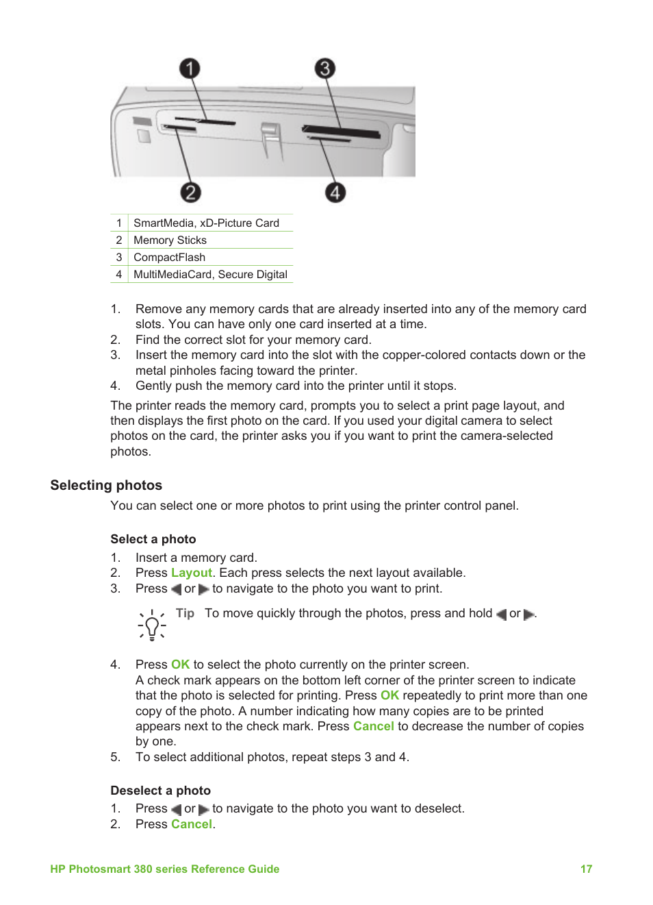 Selecting photos, Photos, see | HP 380 User Manual | Page 22 / 39