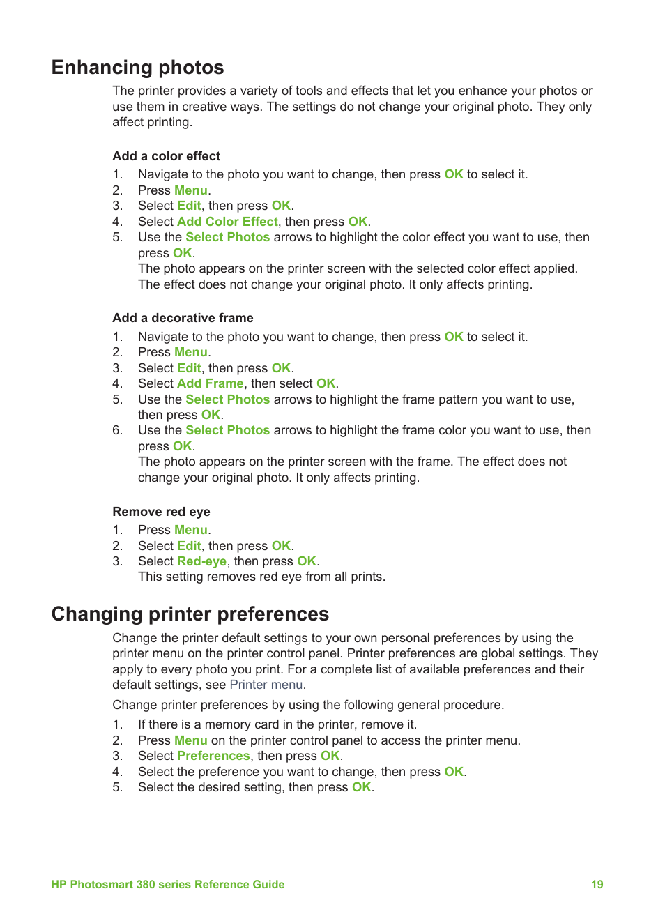 Enhancing photos, Changing printer preferences, Enhancing photos changing printer preferences | HP 380 User Manual | Page 24 / 39