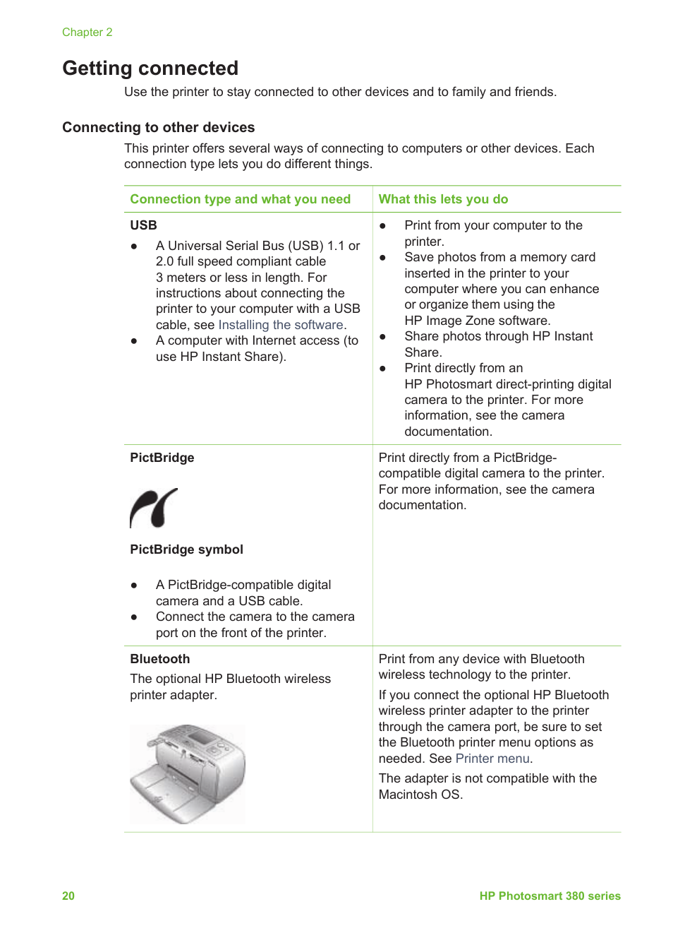 Getting connected, Connecting to other devices | HP 380 User Manual | Page 25 / 39