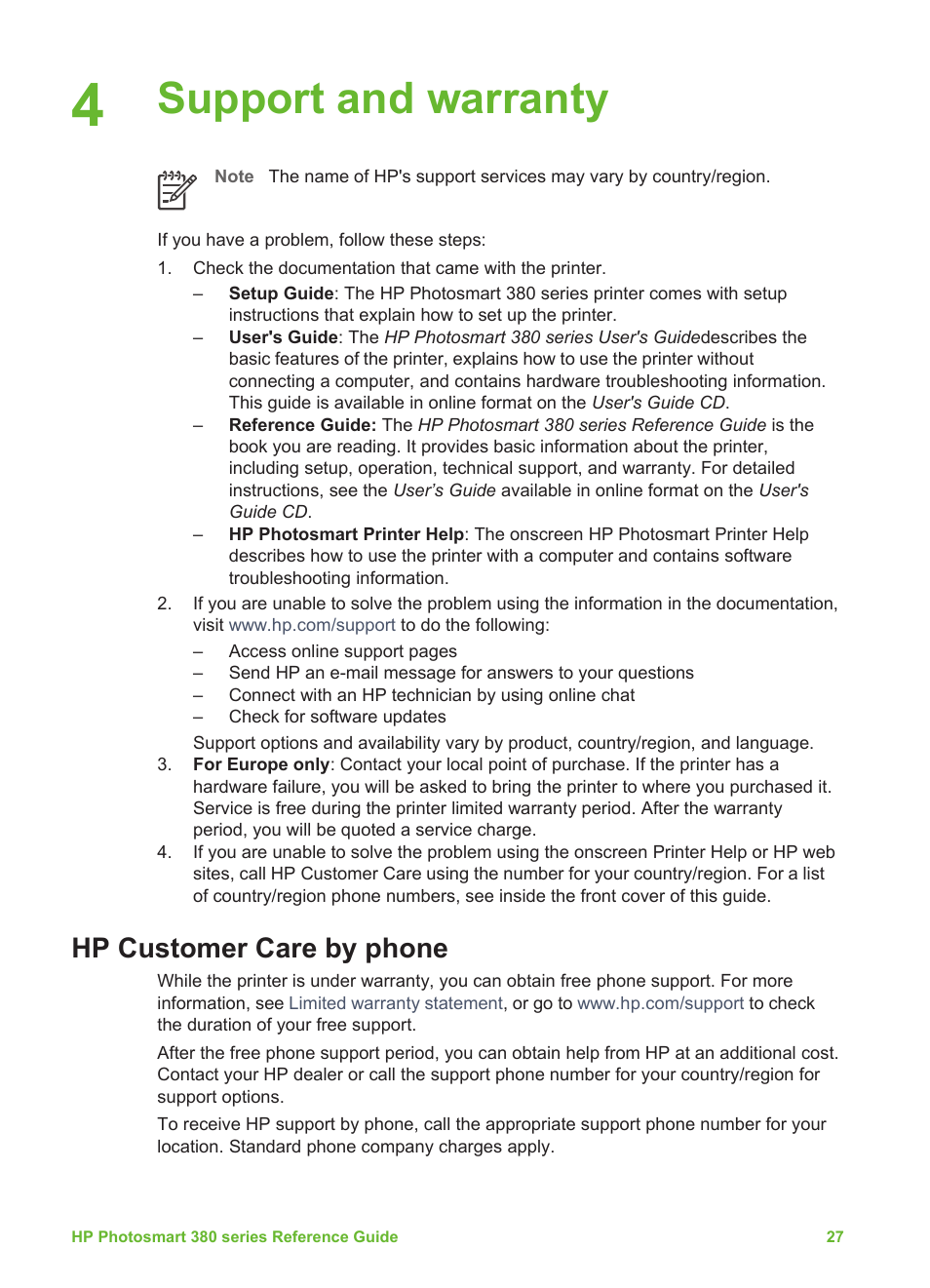 Support and warranty, Hp customer care by phone, Placing a call | HP 380 User Manual | Page 32 / 39