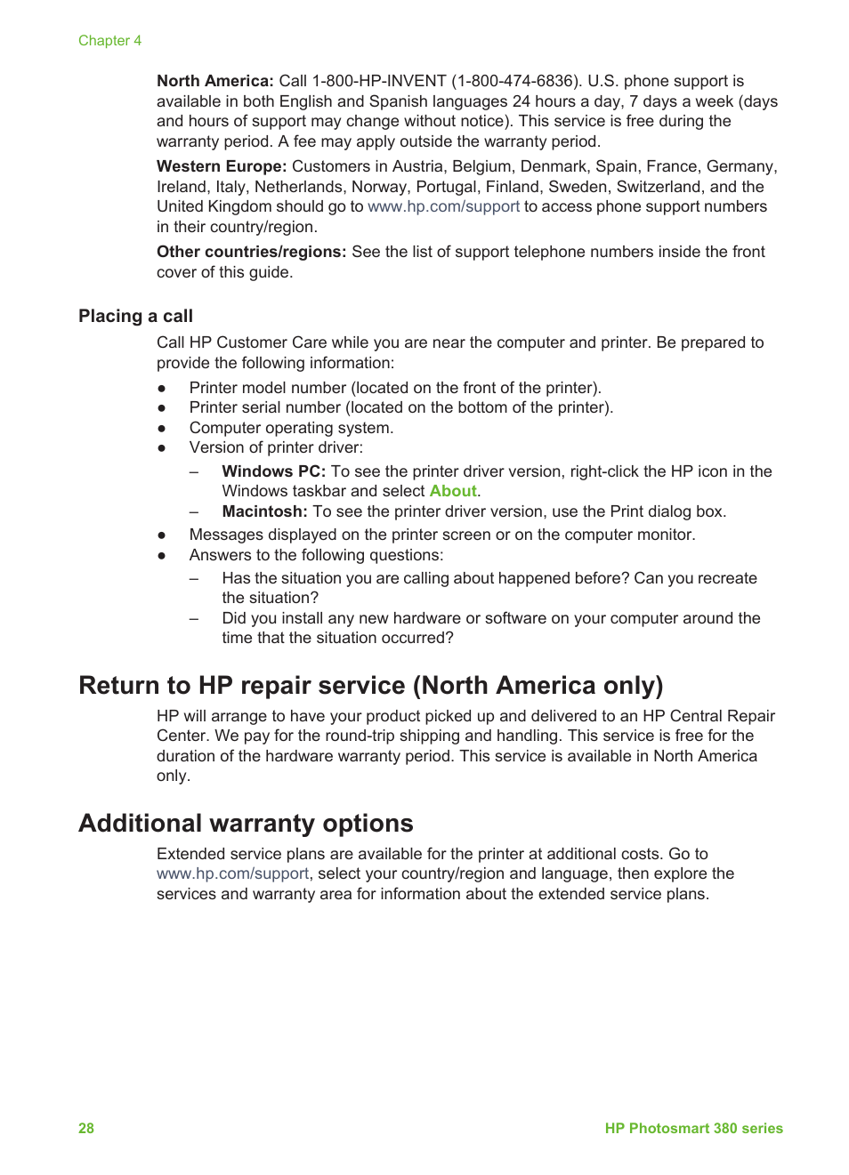 Placing a call, Return to hp repair service (north america only), Additional warranty options | Limited warranty statement | HP 380 User Manual | Page 33 / 39