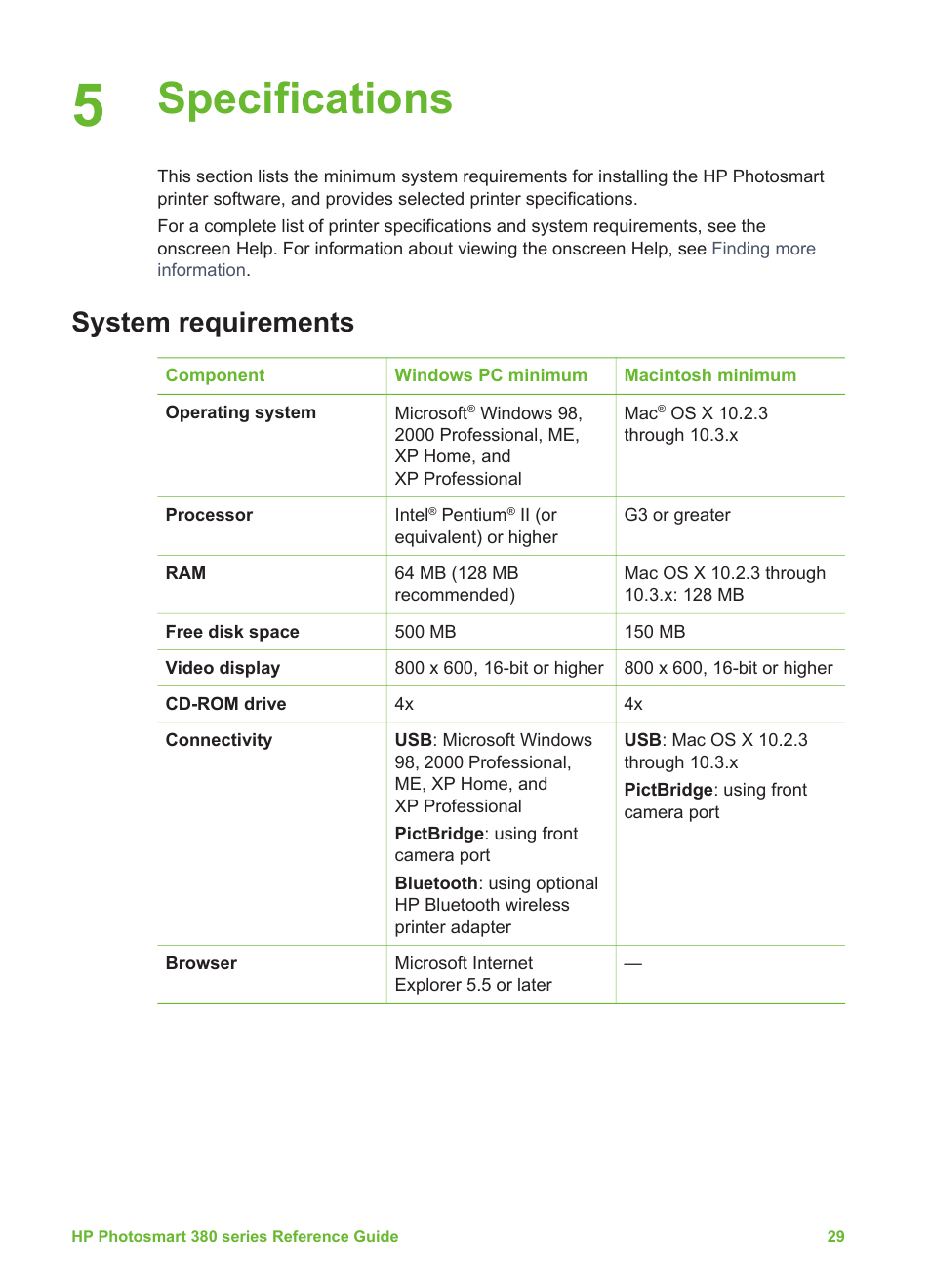 Specifications, System requirements | HP 380 User Manual | Page 35 / 39