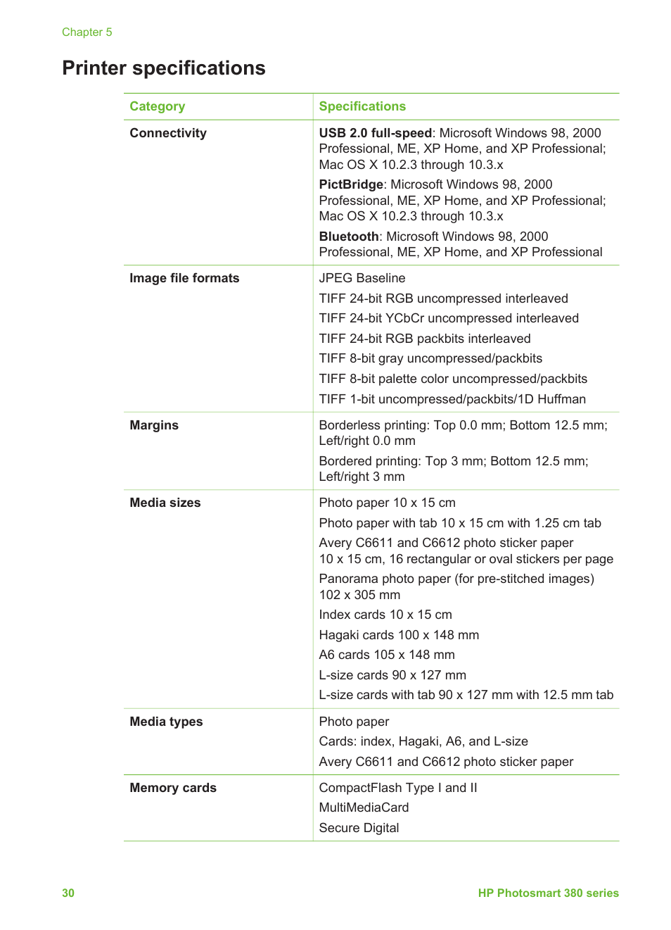 Printer specifications | HP 380 User Manual | Page 36 / 39