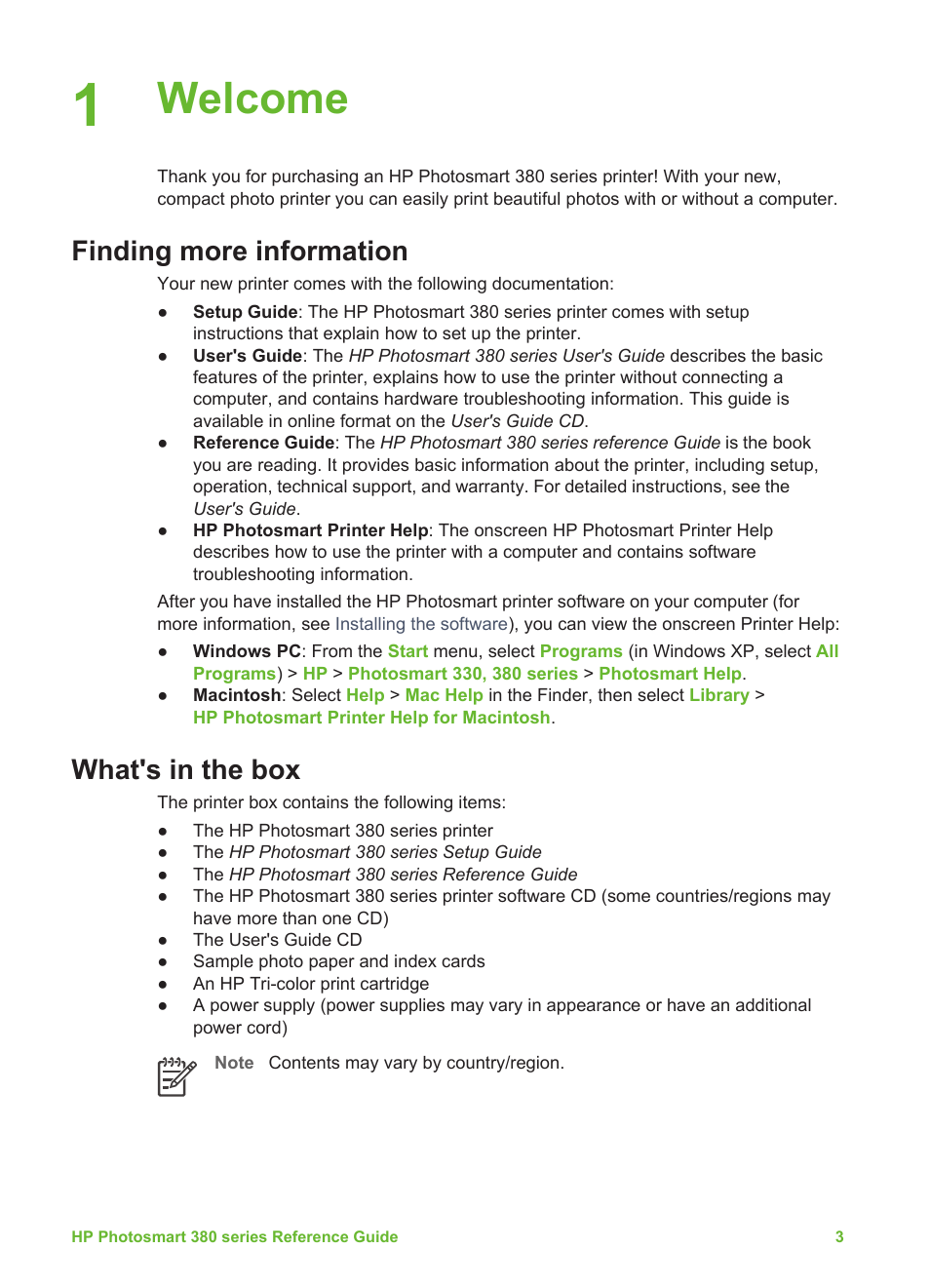 Welcome, Finding more information, What's in the box | Finding more information what's in the box | HP 380 User Manual | Page 8 / 39