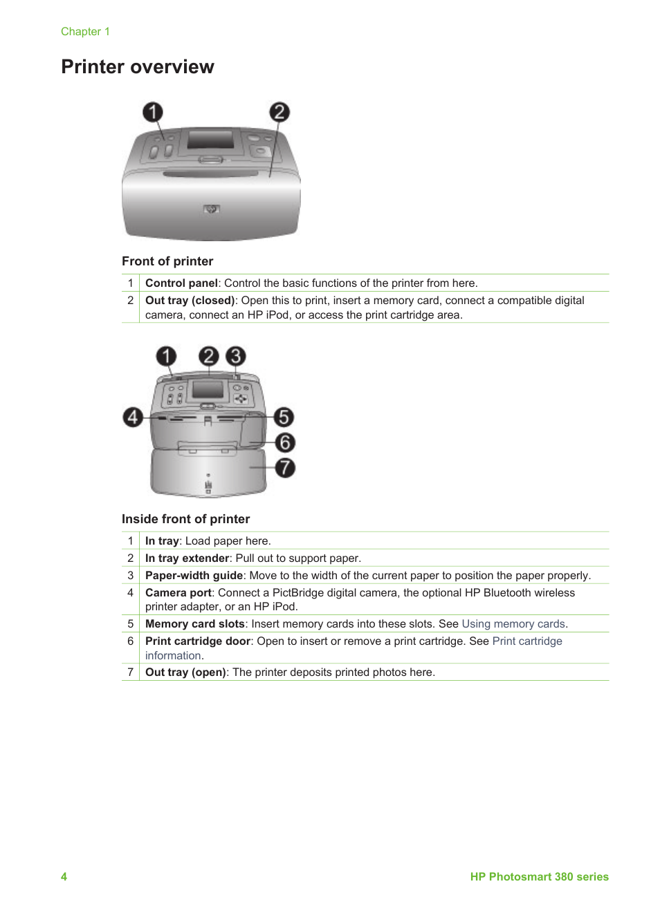 Printer overview | HP 380 User Manual | Page 9 / 39