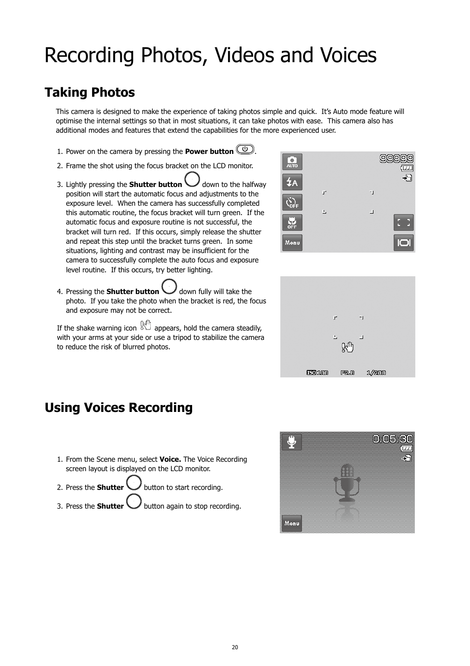 Recording photos, videos and voices, Taking photos, Using voices recording | Taking photos using voices recording | HP PC460T User Manual | Page 24 / 83