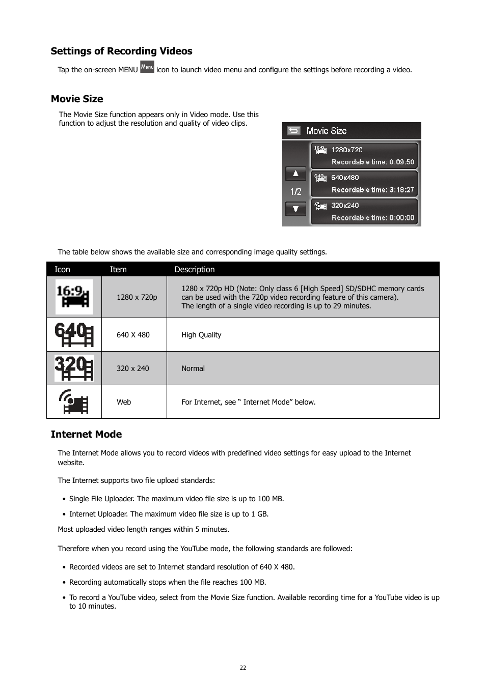 Settings of recording videos, Movie size, Internet mode | HP PC460T User Manual | Page 26 / 83