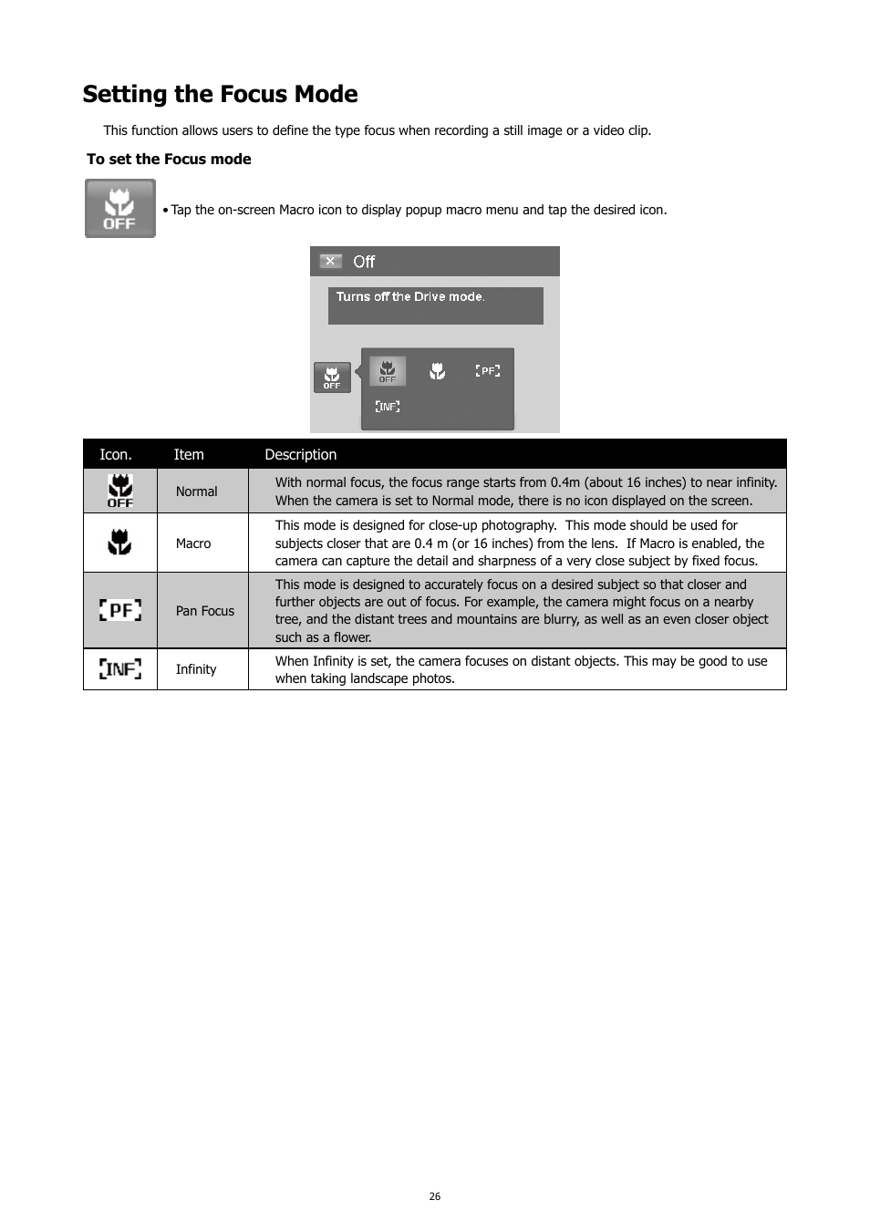 Setting the focus mode | HP PC460T User Manual | Page 30 / 83