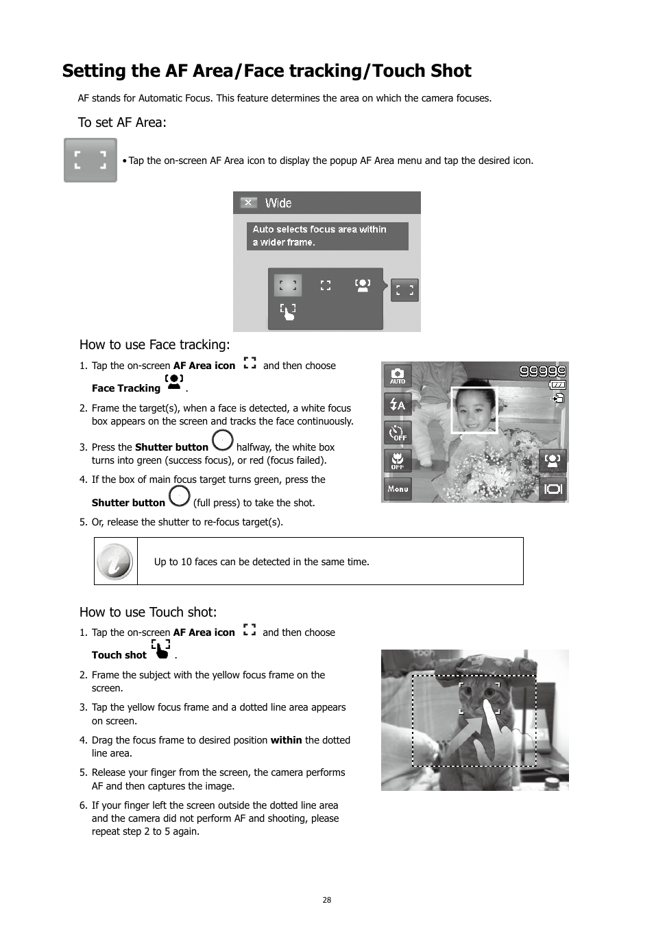 Setting the af area/face tracking/touch shot, How to use face tracking, How to use touch shot | HP PC460T User Manual | Page 32 / 83