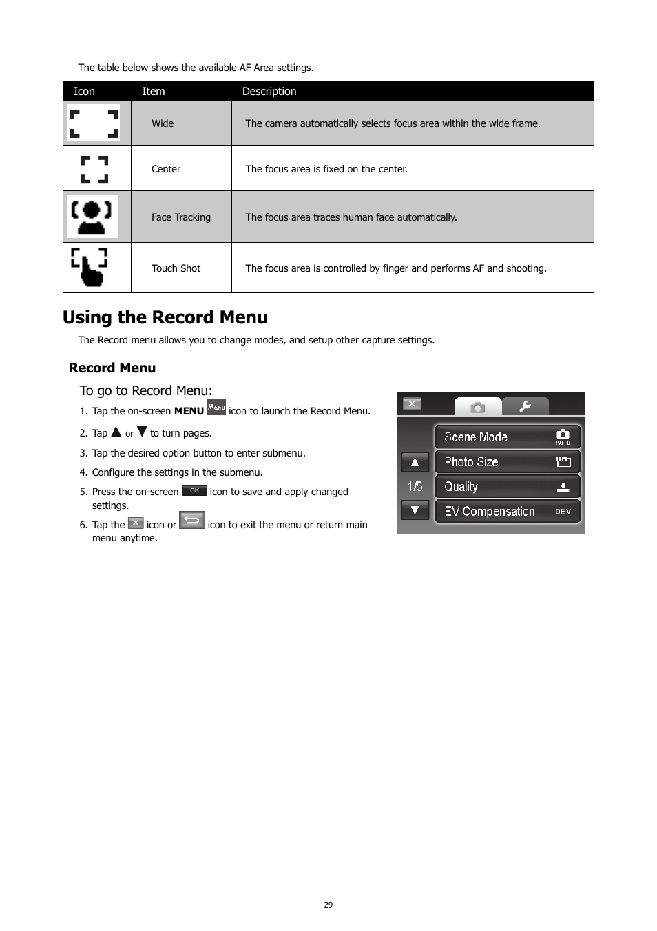 Using the record menu, Record menu to go to record menu | HP PC460T User Manual | Page 33 / 83