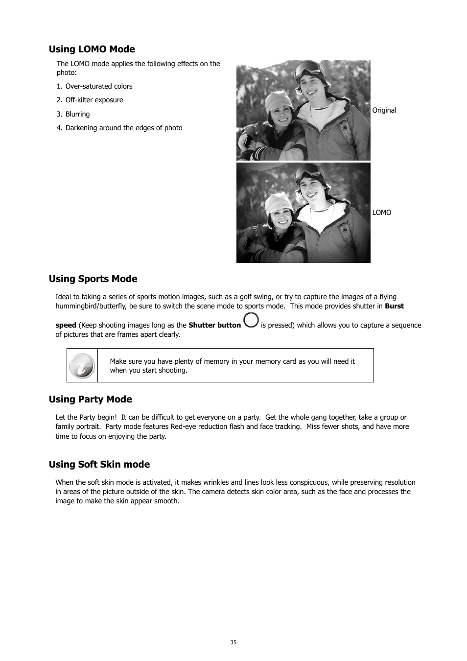 Using lomo mode, Using sports mode, Using party mode | Using soft skin mode | HP PC460T User Manual | Page 39 / 83