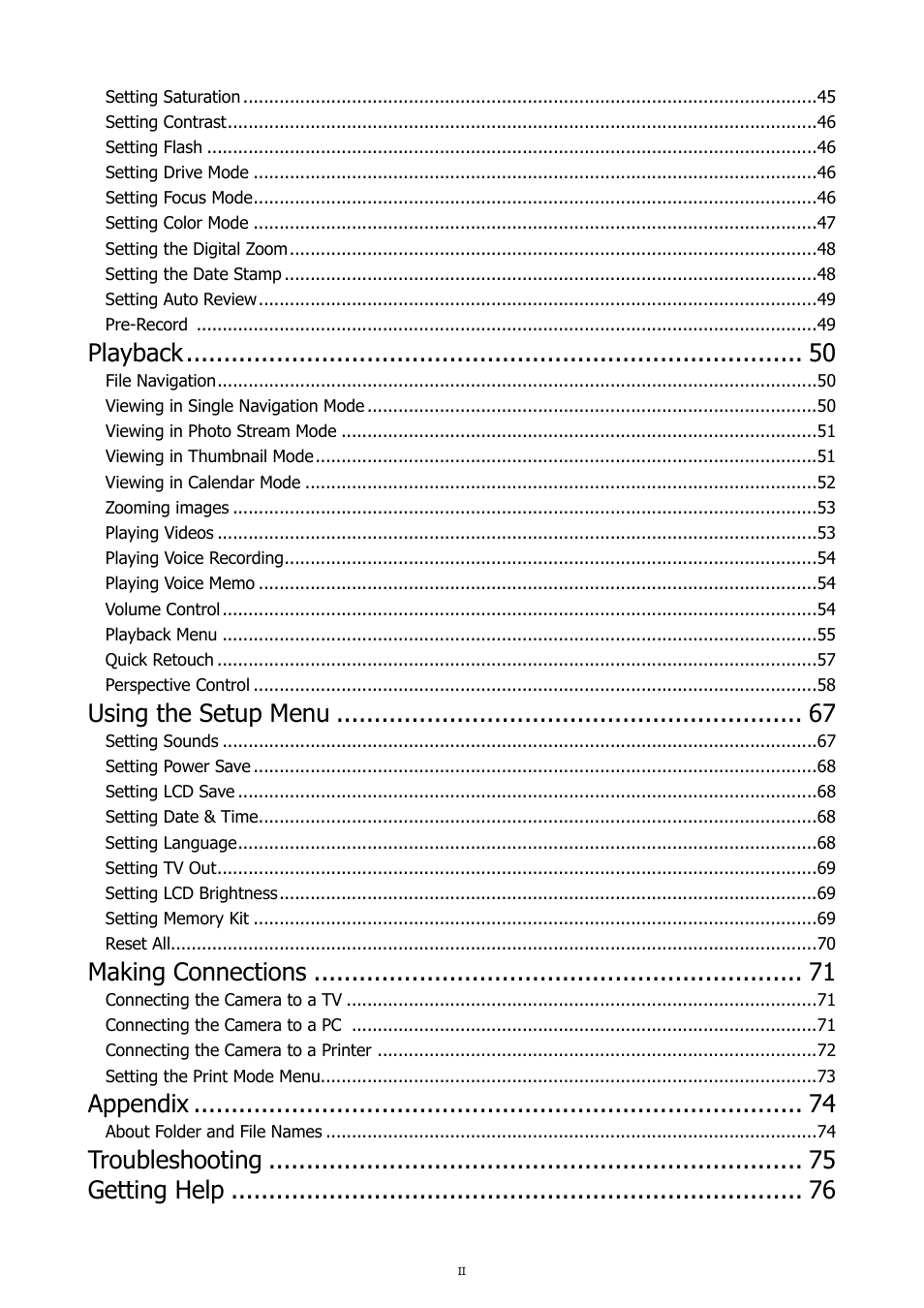 Playback, Using the setup menu, Making connections | Appendix, Troubleshooting getting help | HP PC460T User Manual | Page 4 / 83