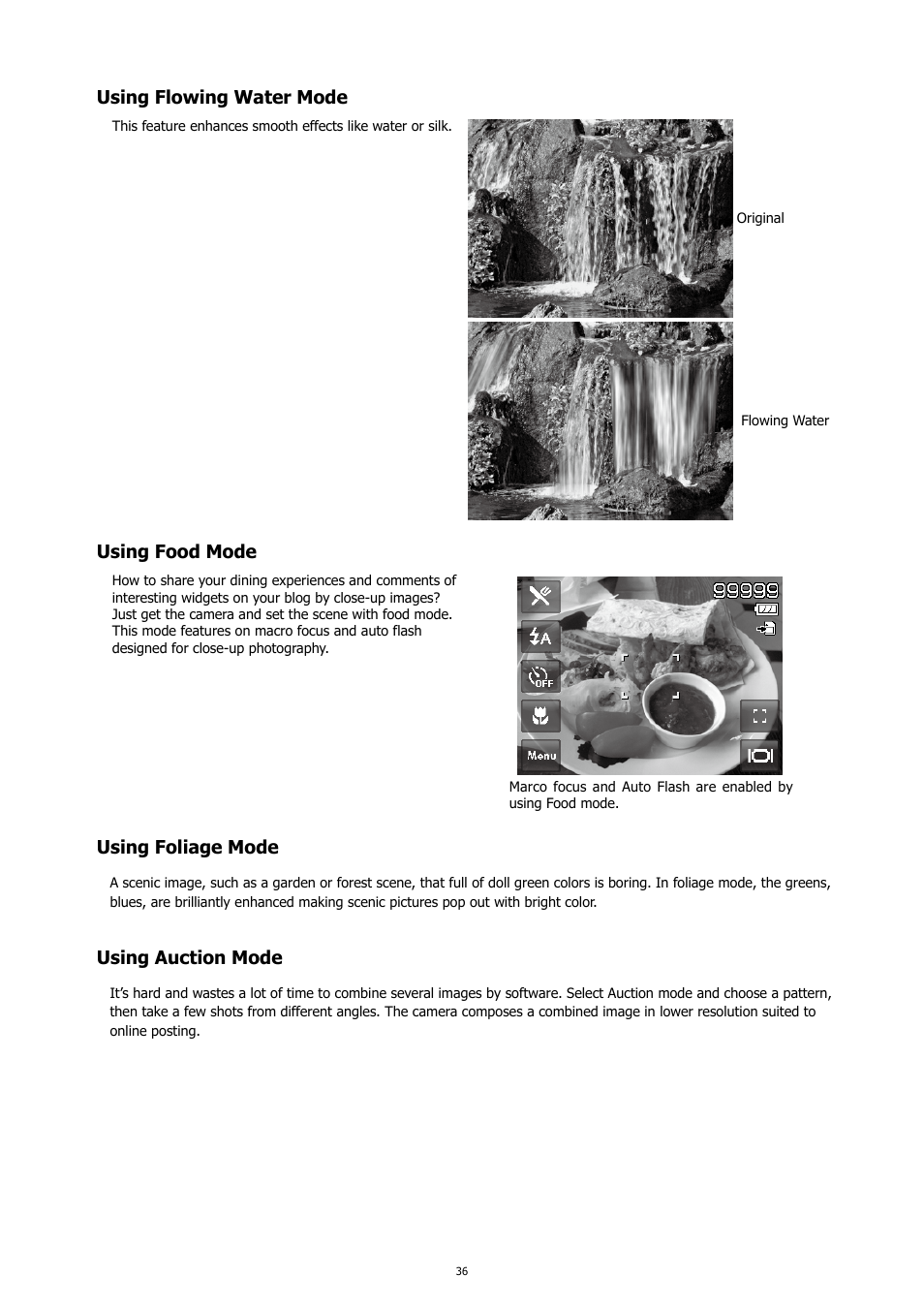 Using flowing water mode, Using food mode, Using foliage mode | Using auction mode | HP PC460T User Manual | Page 40 / 83