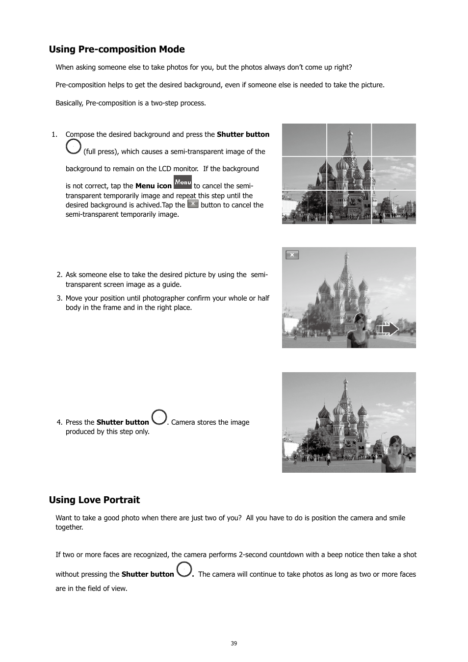 Using pre-composition mode, Using love portrait | HP PC460T User Manual | Page 43 / 83