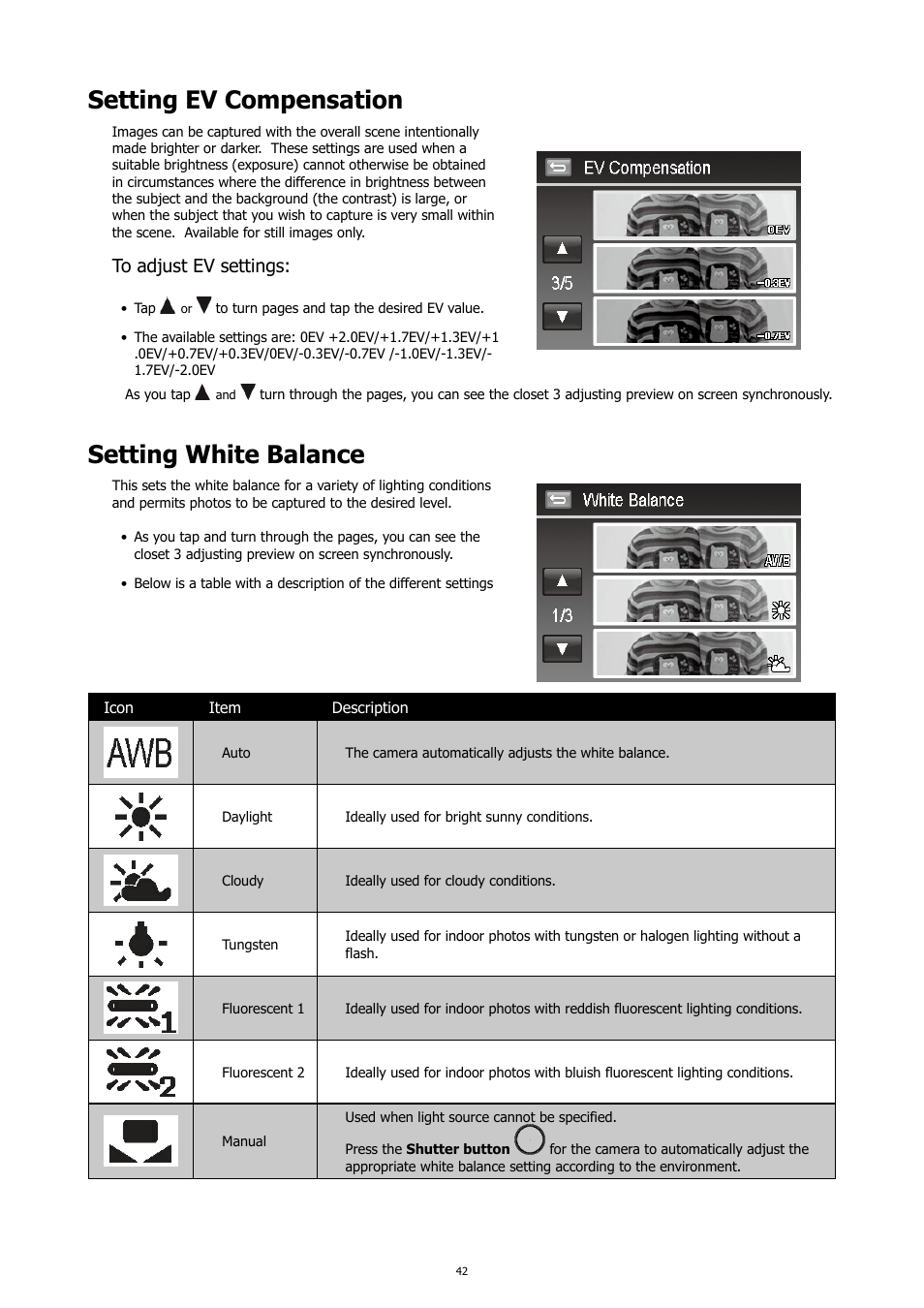 Setting ev compensation, Setting white balance, Setting ev compensation setting white balance | HP PC460T User Manual | Page 46 / 83