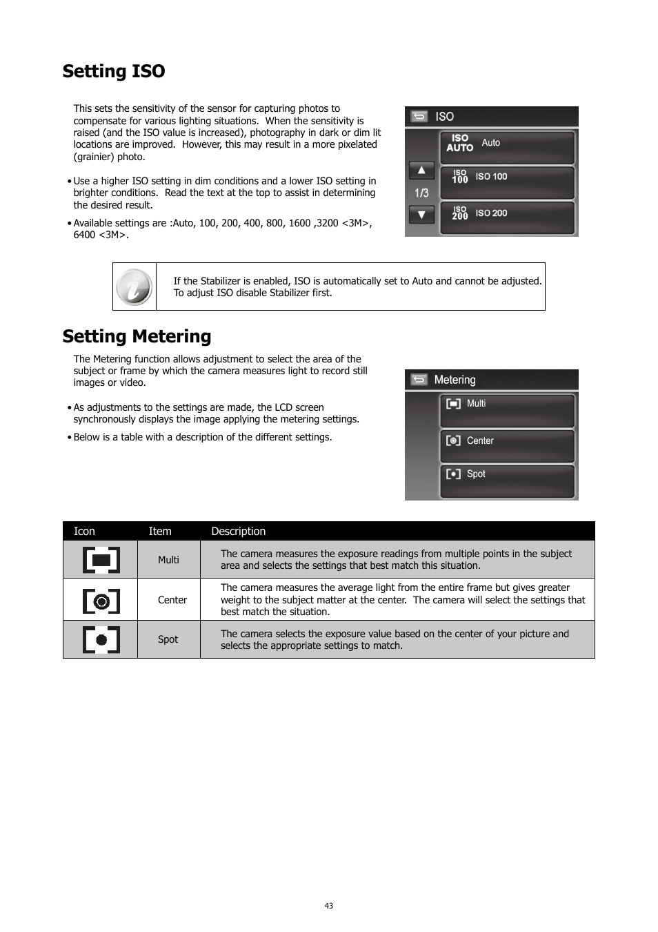 Setting metering, Setting iso | HP PC460T User Manual | Page 47 / 83