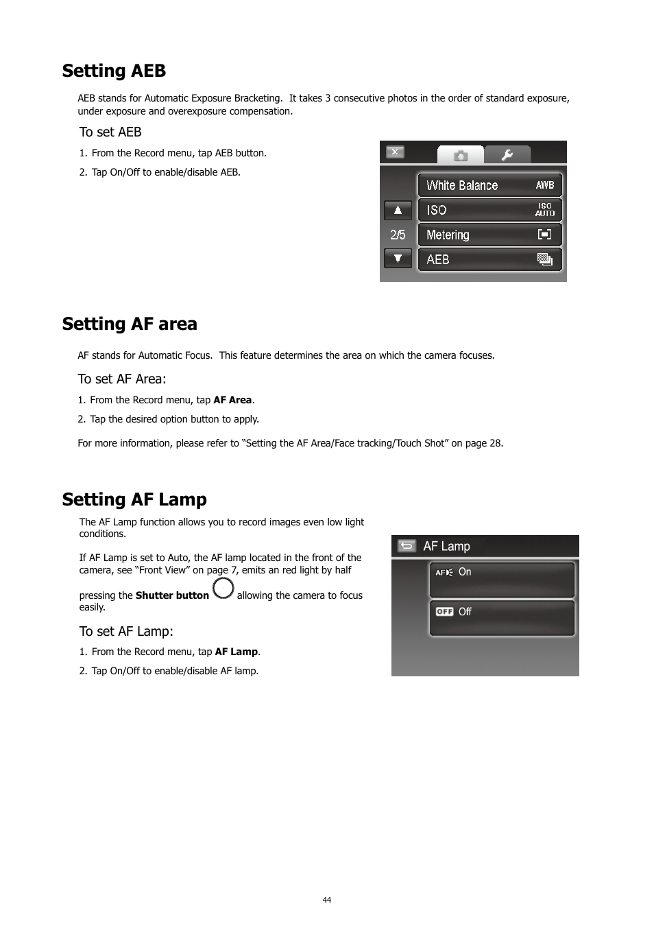 Setting aeb, Setting af area, Setting af lamp | Setting aeb setting af area setting af lamp | HP PC460T User Manual | Page 48 / 83