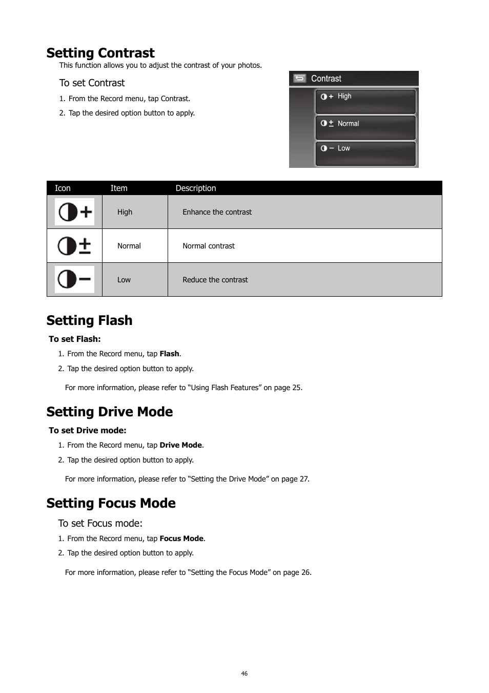 Setting contrast, Setting flash, Setting drive mode | Setting focus mode | HP PC460T User Manual | Page 50 / 83