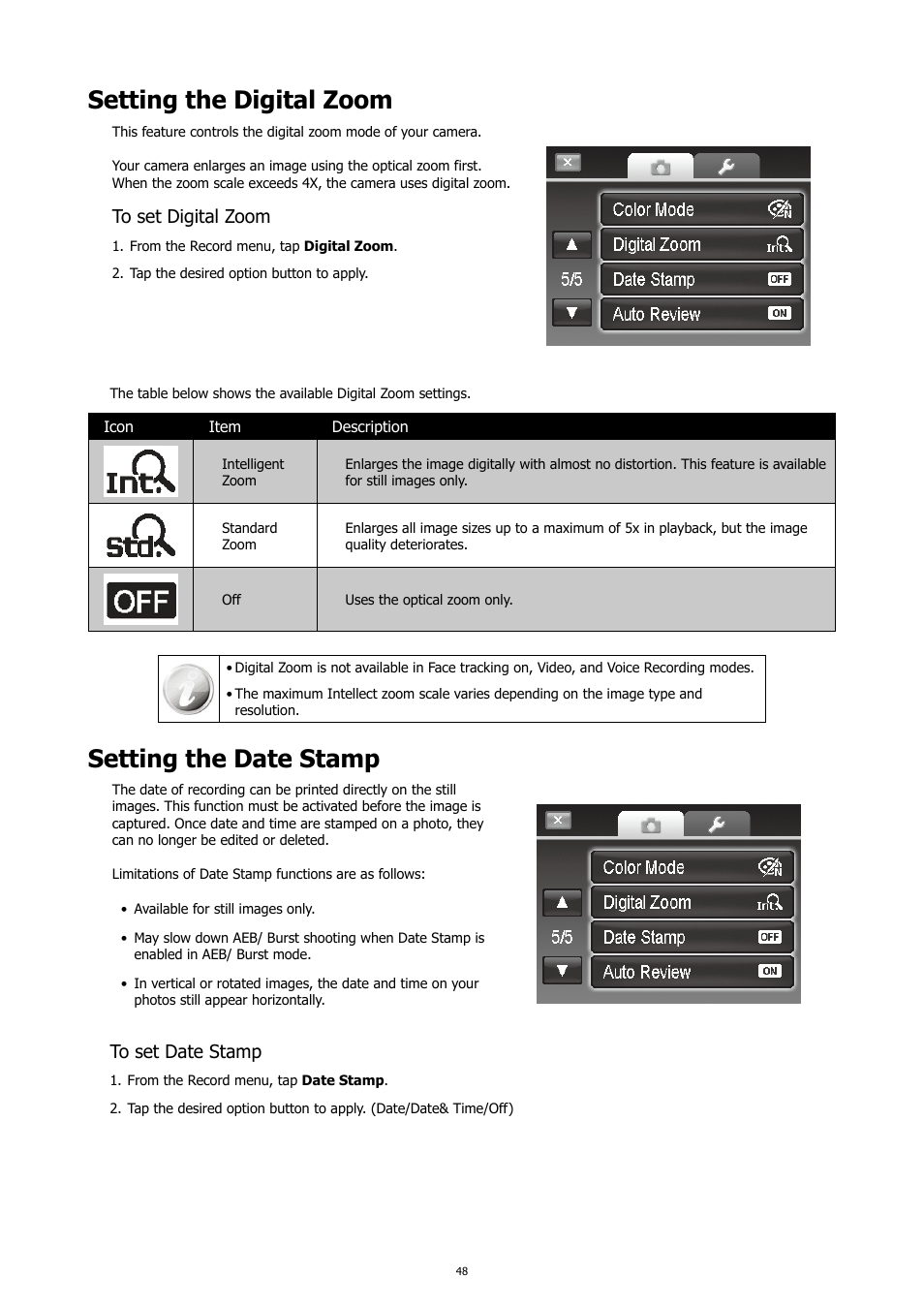 Setting the digital zoom, Setting the date stamp, Setting the digital zoom setting the date stamp | HP PC460T User Manual | Page 52 / 83