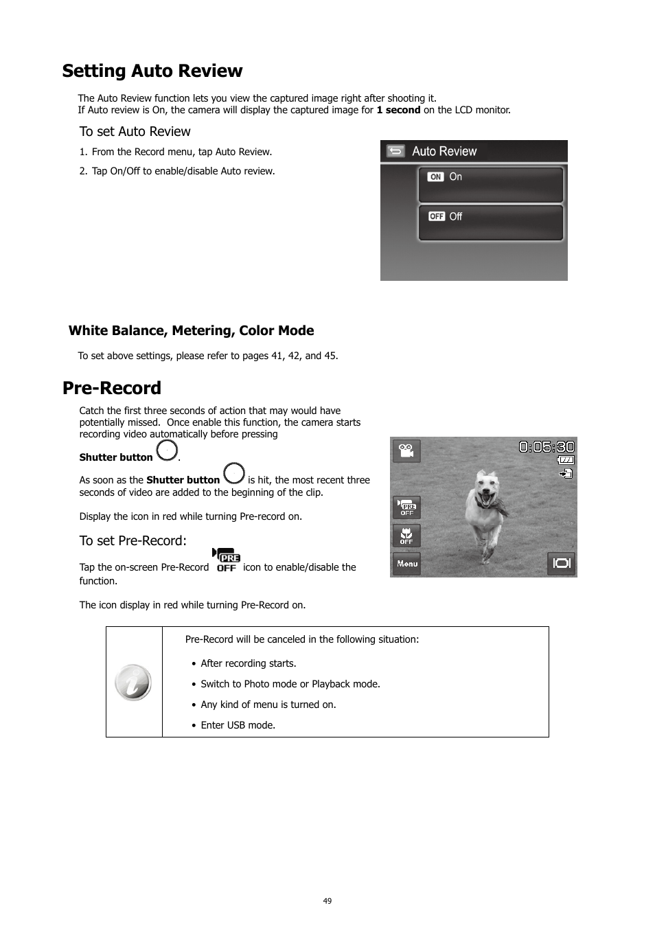 Setting auto review, Pre-record, Setting auto review pre-record | White balance, metering, color mode | HP PC460T User Manual | Page 53 / 83