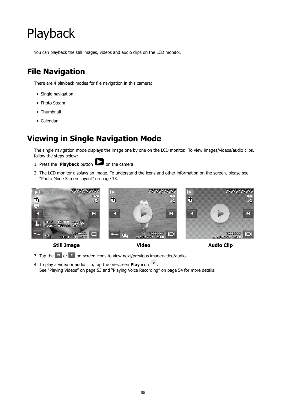 Playback, File navigation, Viewing in single navigation mode | File navigation viewing in single navigation mode | HP PC460T User Manual | Page 54 / 83