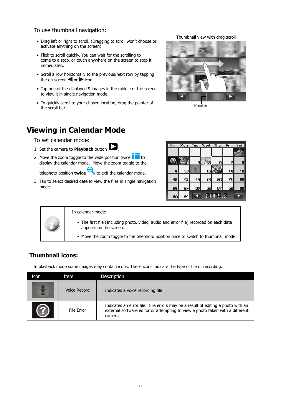 Viewing in calendar mode, Thumbnail icons | HP PC460T User Manual | Page 56 / 83