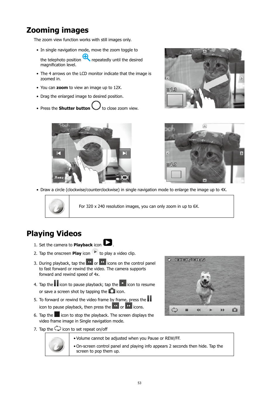 Zooming images, Playing videos, Zooming images playing videos | HP PC460T User Manual | Page 57 / 83
