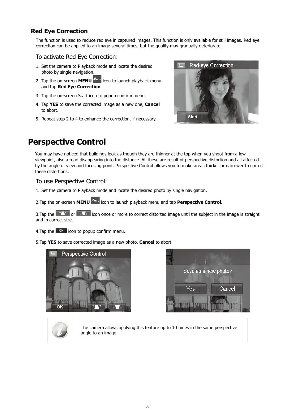 Perspective control, Red eye correction | HP PC460T User Manual | Page 62 / 83