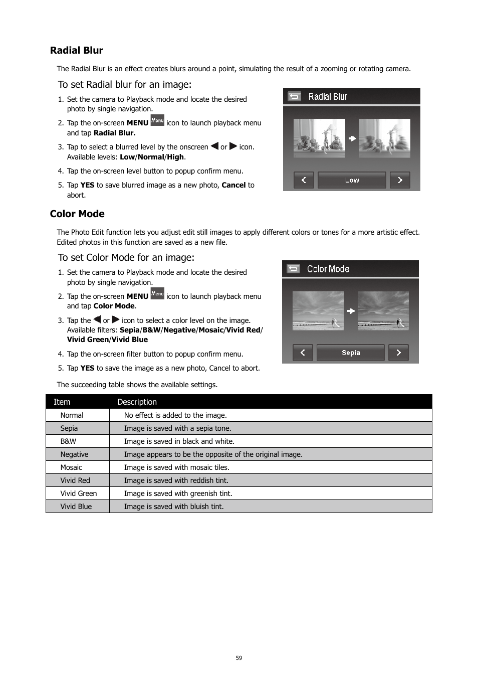 Radial blur, Color mode | HP PC460T User Manual | Page 63 / 83