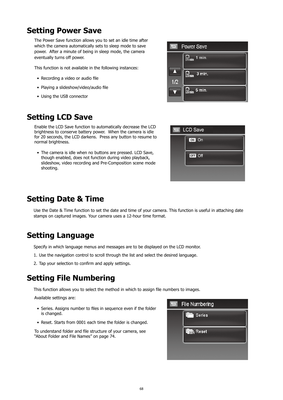 Setting power save, Setting lcd save, Setting date & time | Setting language, Setting file numbering | HP PC460T User Manual | Page 72 / 83