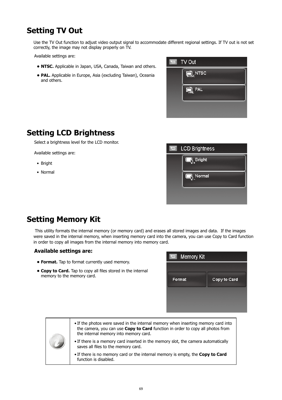 Setting tv out, Setting lcd brightness, Setting memory kit | HP PC460T User Manual | Page 73 / 83