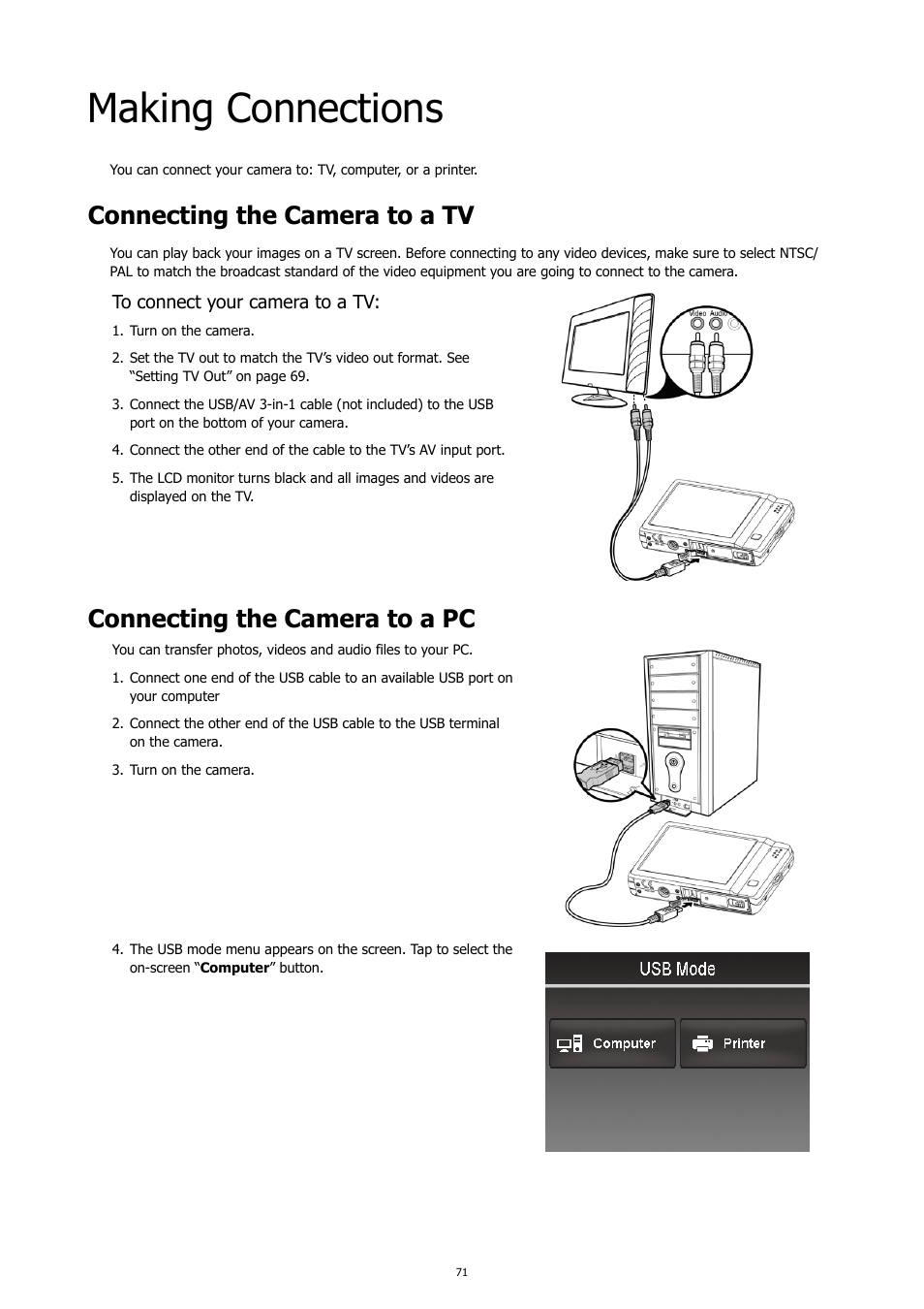 Making connections, Connecting the camera to a tv, Connecting the camera to a pc | HP PC460T User Manual | Page 75 / 83