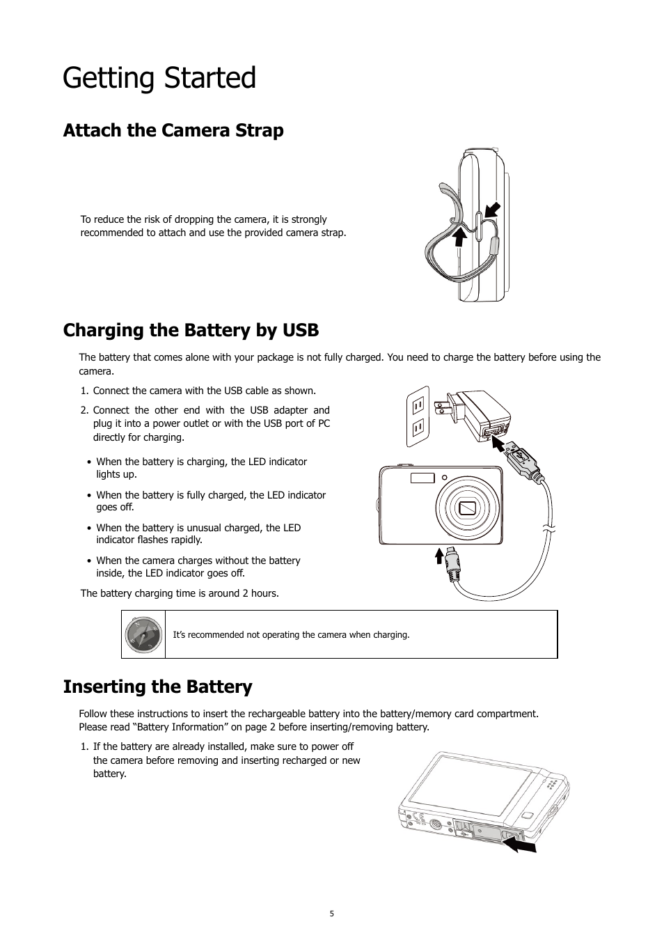 Getting started, Attach the camera strap, Charging the battery by usb | Inserting the battery | HP PC460T User Manual | Page 9 / 83