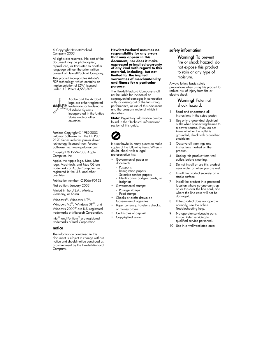 Notice, Warning! potential shock hazard | HP 2170 User Manual | Page 2 / 80