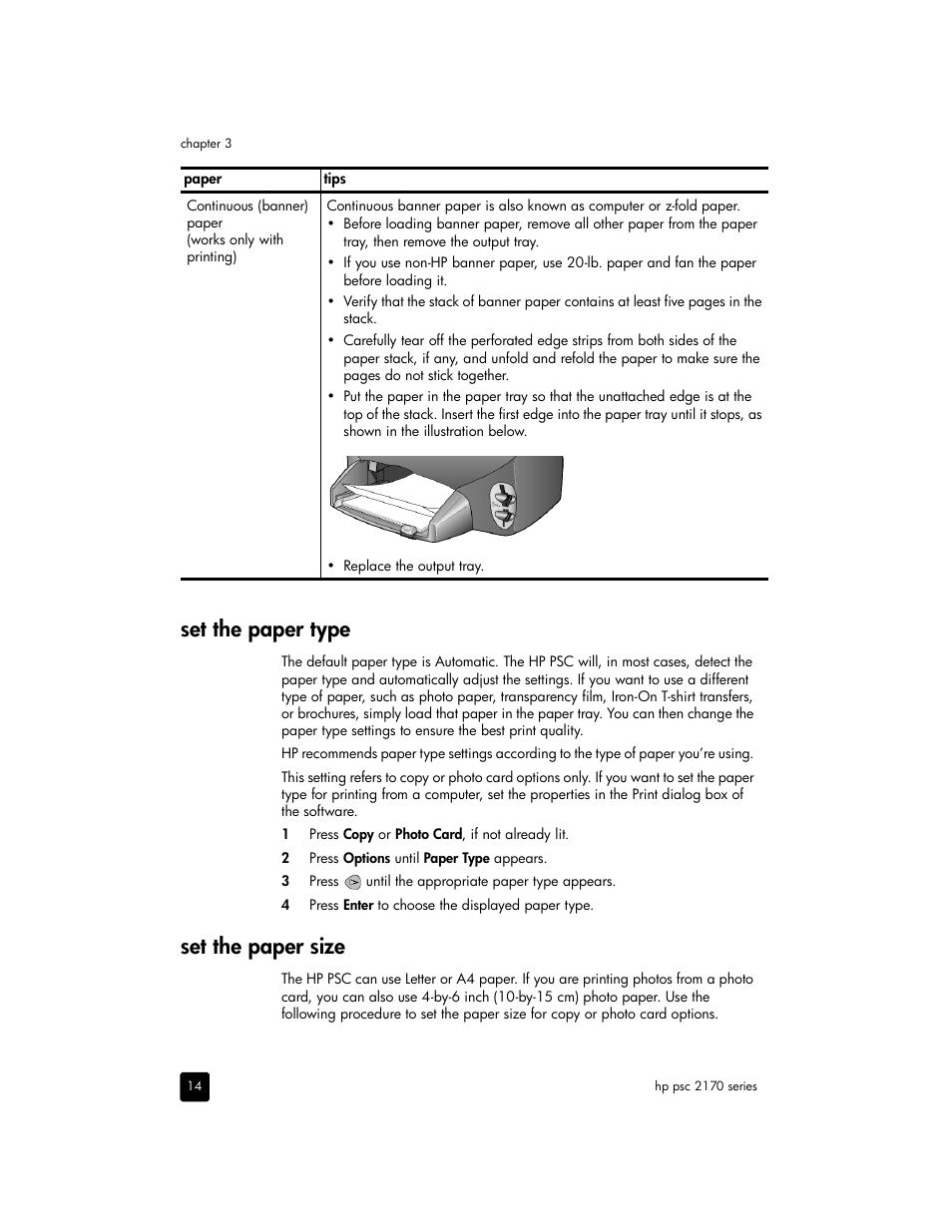 Set the paper type, Set the paper size | HP 2170 User Manual | Page 20 / 80